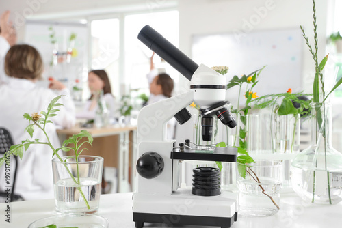 Modern microscope and glass...