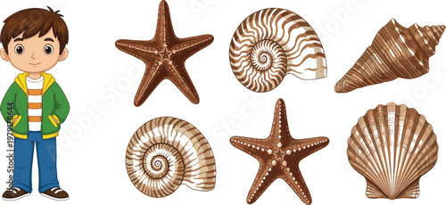 Cute boy character with starfish and seashell collection marine beach objects cartoon vector illustration set for ocean nature design