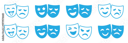 Theatrical masks vector icon set, theater theatre mask signs, masquerade mask, comedy and tragedy mask symbols, drama performance icons, flat illustration. Comedy and tragedy theater masks icon set.