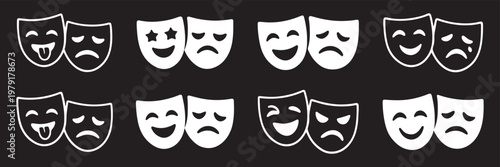 Theatrical masks vector icon set, theater theatre mask signs, masquerade mask, comedy and tragedy mask symbols, drama performance icons, flat illustration. Comedy and tragedy theater masks icon set.