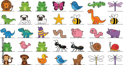 Cute cartoon animal icon collection with lion frog dinosaur pig dog bird insects and marine starfish vector illustration set