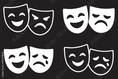 black theatre mask icon vector. Theatrical masks vector icon set, theater theatre mask signs, masquerade mask, comedy and tragedy mask symbols, drama performance icons, flat illustration. drama