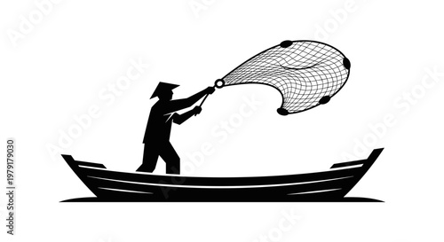 Man in boat with fishing net.