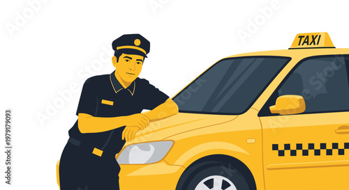 Taxi Driver Standing Beside Car.