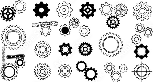 Gear icon vector set, black cogwheel vector collection, mechanical gear shapes, engineering symbols, industrial machinery, sprocket designs, abstract gearwheel graphics