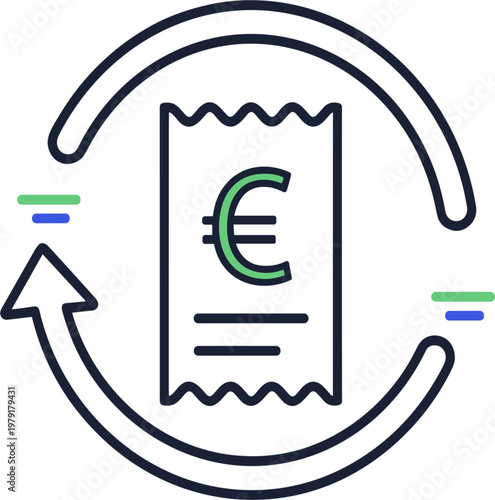 Refund Money Icon Vector with Euro Symbol Receipt and Circular Arrow for Payment Return, Transaction Reversal, Cashback, and Financial Services Concept