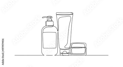 Minimalist line art of skincare products: lotion bottle, cream tube, and jar on white background.