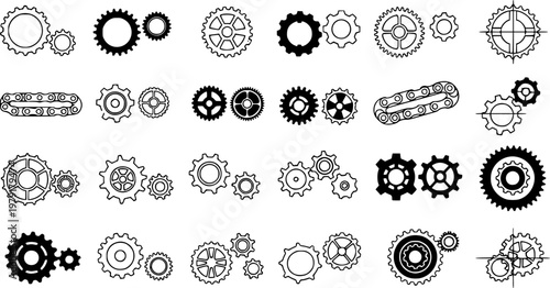 Gear icon vector set, black cogwheel vector collection, mechanical gear shapes, engineering symbols, industrial machinery, sprocket designs, abstract gearwheel graphics