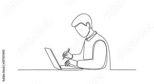 Man Working on Laptop, Writing Notes, Online Learning, Remote Work, Minimalist Line Art