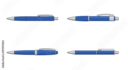Four blue ballpoint pens displayed in different orientations on a white background