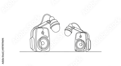 Minimalist Line Art: Two Studio Monitors with Headphones, Music Production Concept