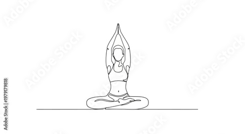 Woman meditating in lotus pose, single line drawing, yoga, wellness, peace
