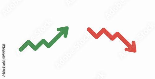 Green upward trending graph arrow and red downward trending graph arrow symbolizing market fluctuations.