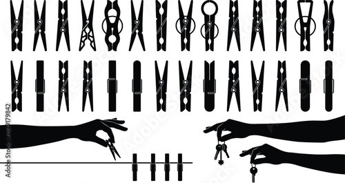 Large black silhouette vector set of various clothespins laundry pegs and hand holding clips for clothesline drying organization and household home utility design elements.