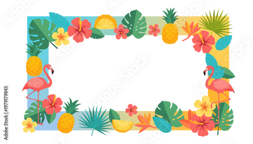 Tropical Paradise Frame Featuring Flamingos, Pineapples, and Hibiscus Flowers for Summer Vacation and Celebration Designs
