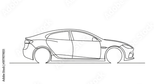 Minimalist continuous line drawing of a modern sedan car, side view, elegant automotive design