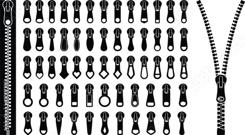 Black silhouette vector set of various zipper pulls sliders and fasteners in diverse shapes and styles for sewing tailoring clothing and textile design elements.