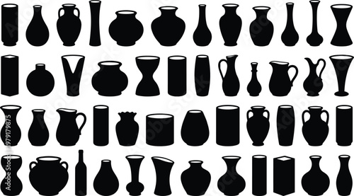 Large black silhouette vector set featuring diverse vase pottery ceramic jar and jug shapes for interior design home decor and museum exhibit graphic elements.