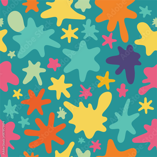Colorful Starfish Shapes on Teal Background.