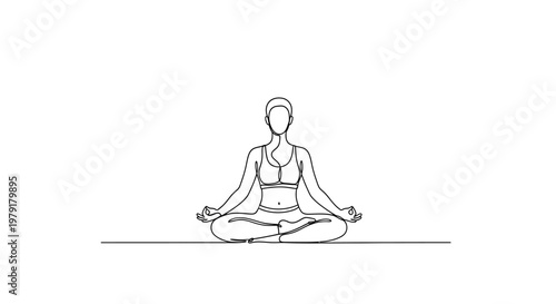 Woman meditating in lotus pose, yoga, mindfulness, relaxation, healthy lifestyle, black and white line art