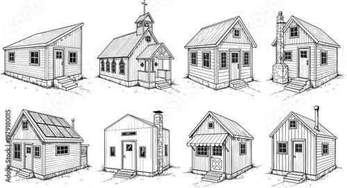 Hand drawn rustic houses and village buildings vector set with cottage cabin church barn sketch style illustration isolated on white background