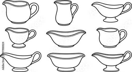 Vector line art set of gravy boats and creamers in various shapes and sizes for kitchen dining and restaurant service icon design elements.