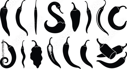 Black silhouette vector set of hot chili peppers in various spicy varieties like jalapeno habanero and cayenne for mexican food and cooking design elements.