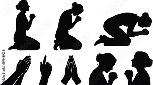 Black silhouette vector set of woman praying in various positions like kneeling and prostrate along with praying hands icons for religious and spiritual designs.