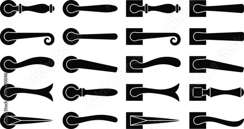 Black silhouette vector set of door handles and lever hardware in various modern and classic designs on square and round rosettes for interior.