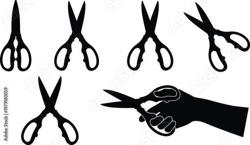 Black silhouette vector set of kitchen scissors and shears in various open and closed positions including a hand holding scissors for DIY craft projects.