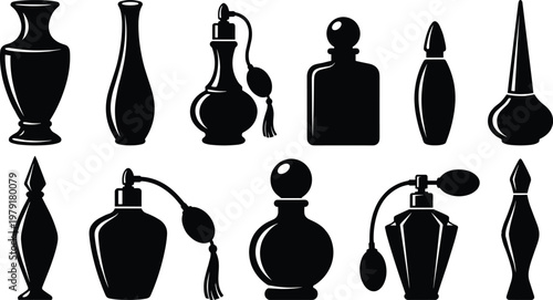 Large set of black perfume bottle silhouettes including vintage atomizer spray and luxury fragrance glass containers isolated on white background vector icons for beauty design.