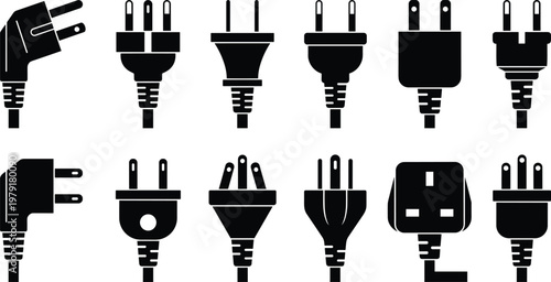 Fotografía Large set of black electric plug silhouettes including various international socket types like US UK and EU isolated on white background vector icons