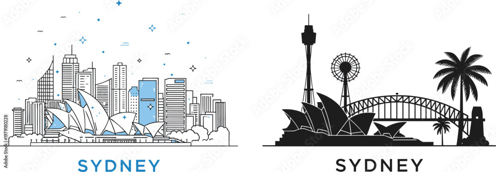 Naklejka premium Sydney city skyline vector illustration with famous landmarks modern and silhouette style travel destination design isolated on white background