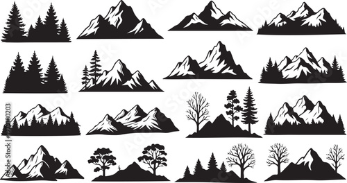 Mountain and tree silhouettes in black and white landscape