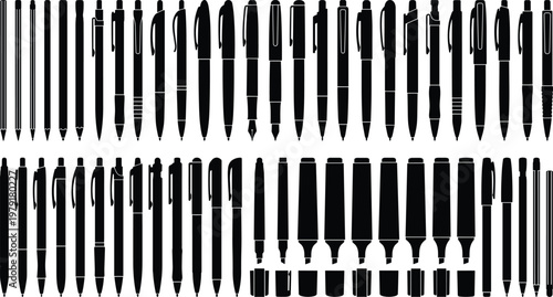 Large set of black pen silhouettes including ballpoint fountain markers pencils and highlighters isolated on white background vector icons for office stationery and school supplies.