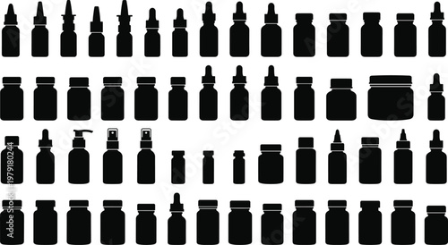 Large set of black medicine and cosmetic bottle silhouettes including dropper spray pump and pill jar views isolated on white background vector icons.