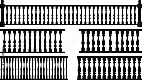 Large set of black balustrade silhouettes including classic turned balusters and railing sections isolated on white background vector icons for architectural and home design.
