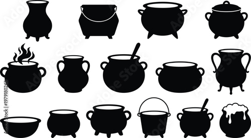 Large set of black witch cauldron silhouettes including boiling pots with steam and ladles isolated on white background vector icons for Halloween holiday design.