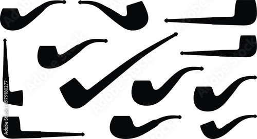 Large set of black tobacco pipe silhouettes including classic bent billiard and churchwarden styles isolated on white background vector icons for gentleman club design.