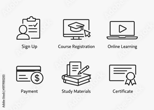 A set of Course Enrollment icons focuses on simplicity, elegance, and ease of recognition. Vector Sign for Logos, Labels, and Icons.
