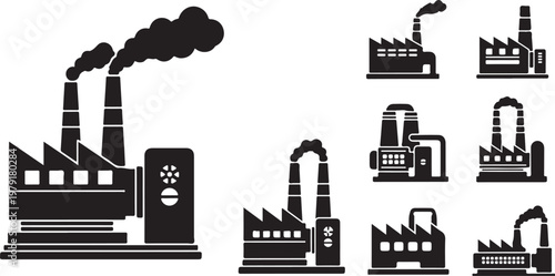 Industrial factory buildings with smokestacks and chimneys emitting smoke