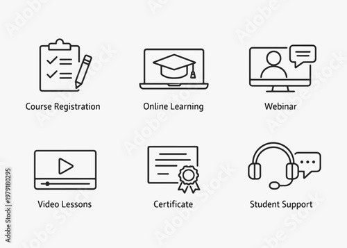 A set of Course Enrollment icons focuses on simplicity, elegance, and ease of recognition. Vector Sign for Logos, Labels, and Icons.