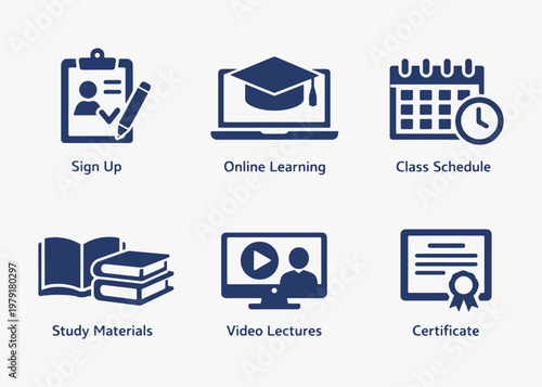 A set of Course Enrollment icons focuses on simplicity, elegance, and ease of recognition. Vector Sign for Logos, Labels, and Icons.