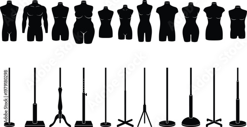 Large set of black mannequin silhouettes including male female and plus size torsos with various adjustable display stands isolated on white background vector icons.