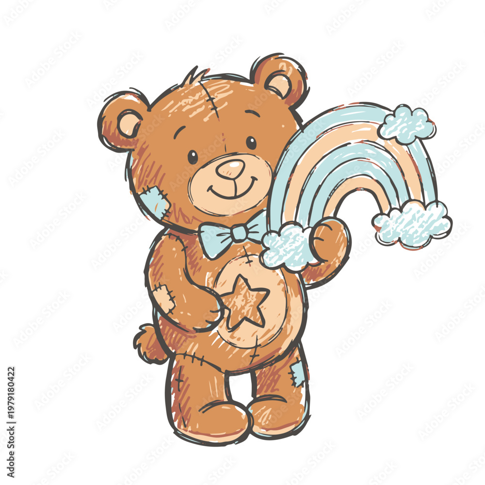 Fototapeta premium Cute teddy bear holding a pastel rainbow with clouds.