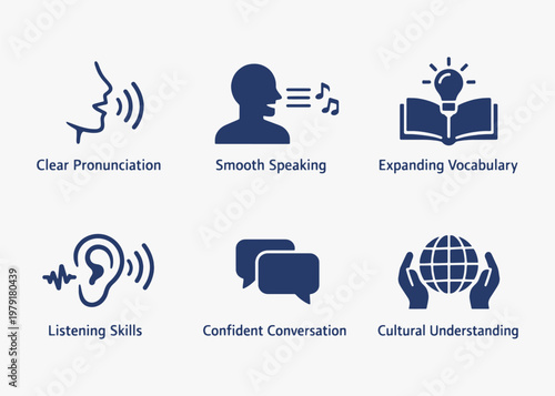 A set of speech and communication skills icons focuses on simplicity, elegance, and ease of recognition. Vector Sign for Logos, Labels, and Icons.