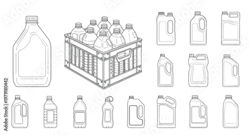 Collection of line art drawings featuring various plastic bottles and containers for liquids, including a crate of chemicals.
