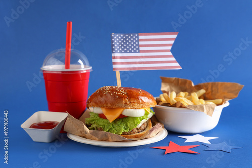 Tasty burger with  flag of ...