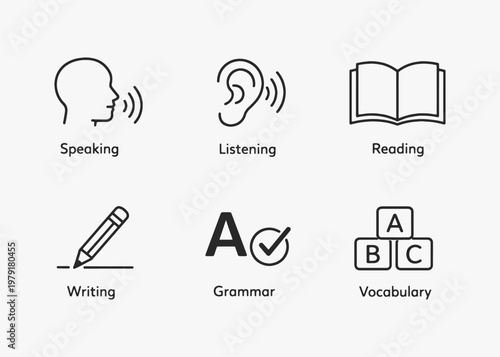 A set of speech and communication skills icons focuses on simplicity, elegance, and ease of recognition. Vector Sign for Logos, Labels, and Icons.