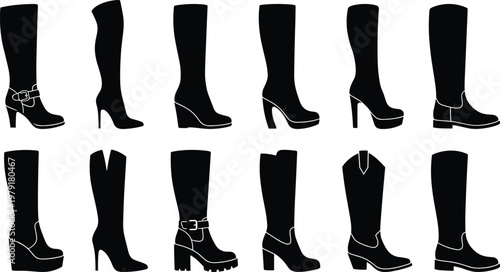 Large set of black women high heel boots silhouettes including stiletto wedge block and platform styles isolated on white background vector icons for fashion design.